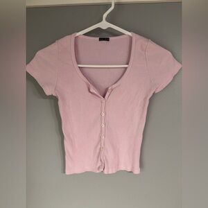 Brandy Melville Light Baby Pink Button Up Scoop Neck Cotton Tee One Size Blush